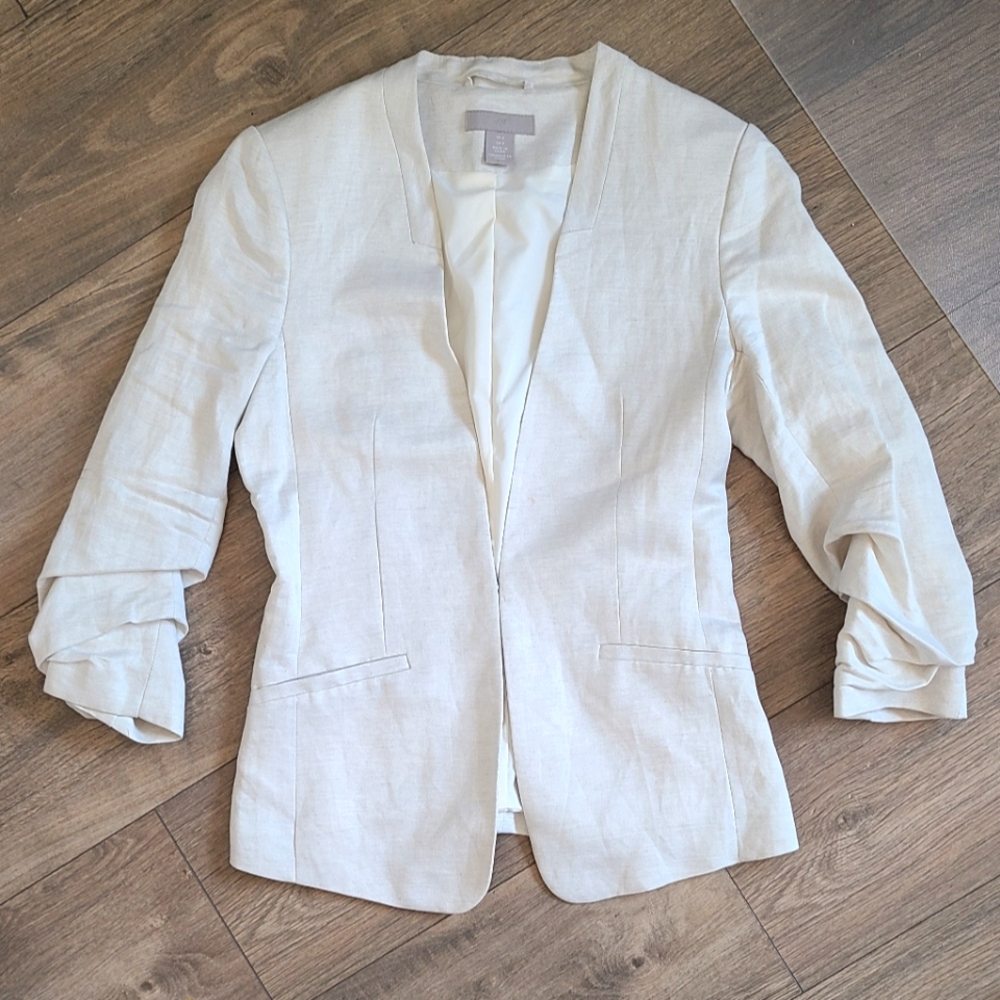 H&M White Blazer Tailored Fit Ruched Sleeves